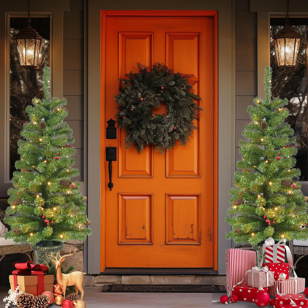 4FT Artificial Potted Christmas Tree with Lights, Pre-lit Mini Christmas Tree with 50 LED Lights, Small Fake Spruce