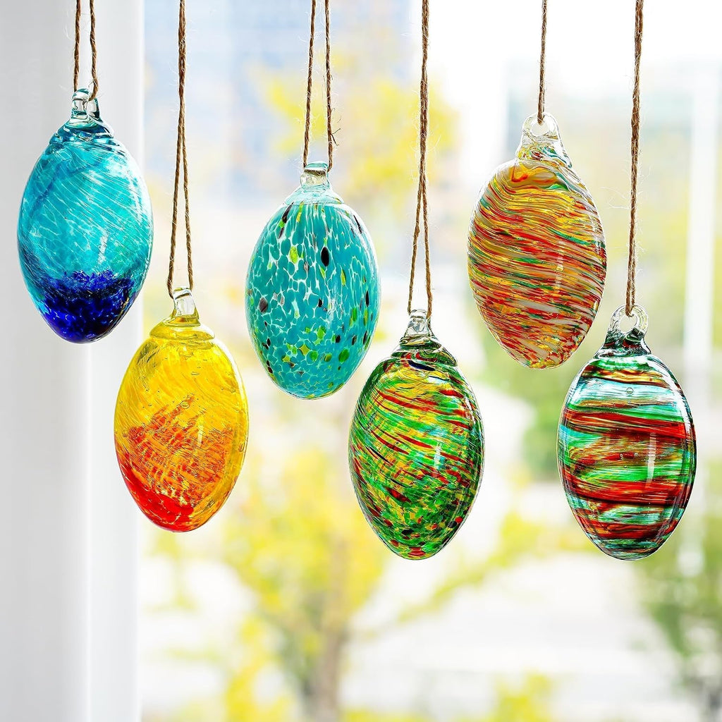 Hand Blown Glass Ball Egg Hanging Ornaments, Home Indoor Outdoor Decor - Set of 6