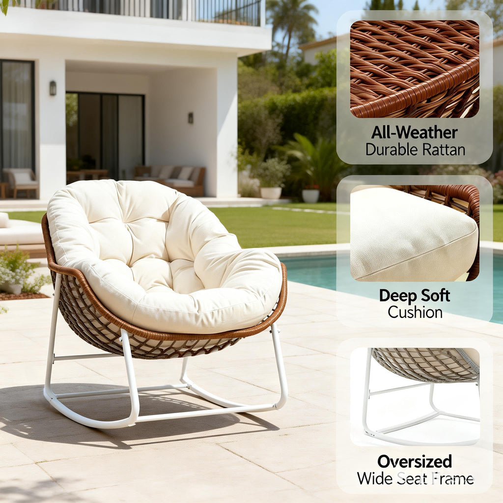 Oversized Outdoor Papasan Rocking Chair Set of 2 with Soft Cushion, Comfy Patio Egg Chair, Wicker Lounge Rocker for