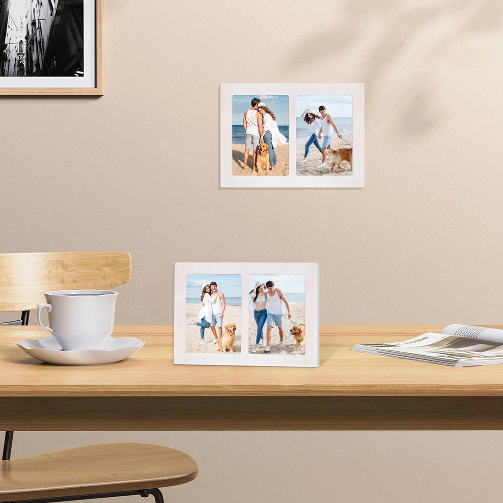 5x7 Collage Picture Frames, 5 x 7 Double Picture Frame Rustic White 2 Opening 5 by 7 Photo Frames with Tempered Glass