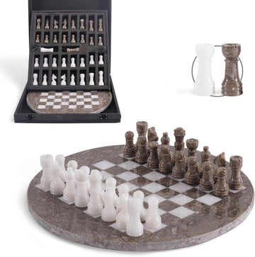 Marble Chess Set with Complementary Storage Box & Extra Queens, 12 Inch Oceanic & White Handmade Chess Board Game