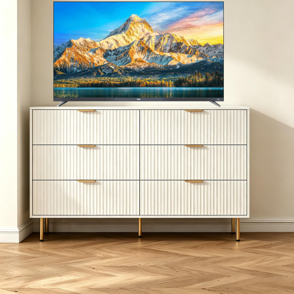 56" Wide Modern White Fluted 6 Drawers Dresser with Gold Handle