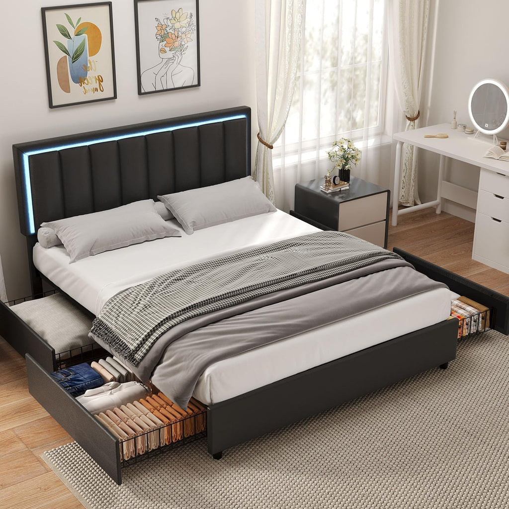 Queen Size Bed Frame with Headboard and 4 Storage Drawers, Faux Leather Upholstered Platform Bed with LED Lights