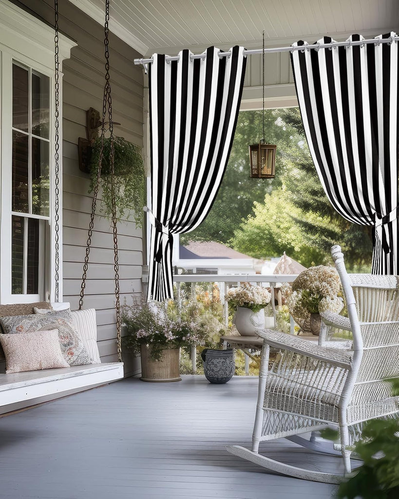 Outdoor Curtains Waterproof Black and White Stripe Indoor/Outdoor Curtain Tiebacks Simple Style Privacy Curtain Sun
