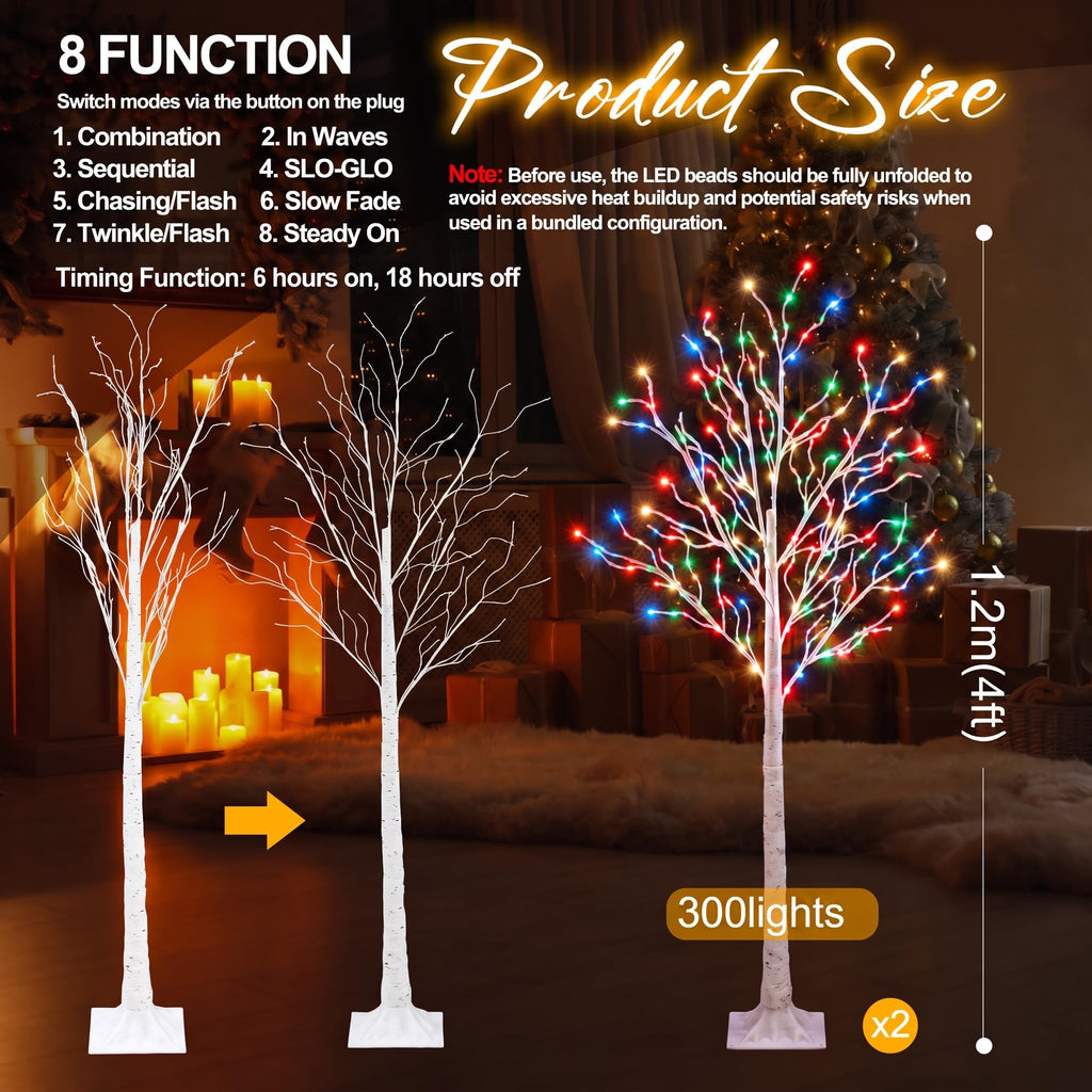 2 Pcs Lighted Birch Tree, 4ft-300led, Multicolor