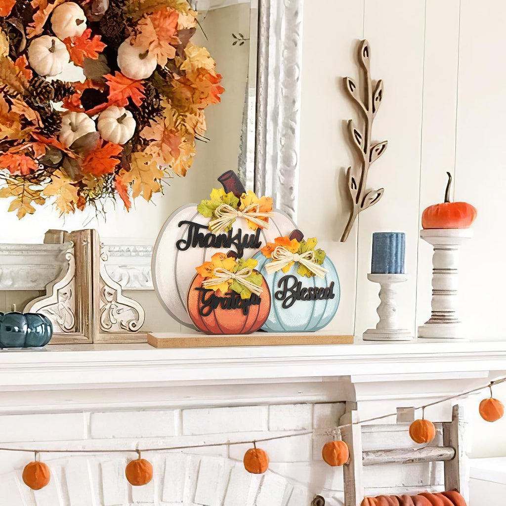Fall Pumpkin Decor Wooden Table Sign Thankful Blessed Grateful Tabletop for Autumn Farmhouse Vintage - Set of 3