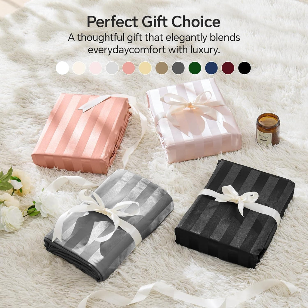 Satin Sheets Queen, Luxury Jacquard Striped Dark Grey Bedsheets with Elastic Corner Straps, Similar to Silk Sheets