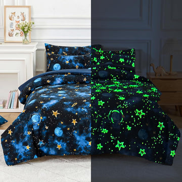Kids Comforter Sets Full for Boys, Glow in The Dark Blue Starry Sky Space Bedding Set 4 Pieces - Boy Soft Bed Set