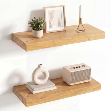 Solid Wood Floating Shelves 20 Inch, Flat Edge, Heavy-Duty, Elm, 2pcs