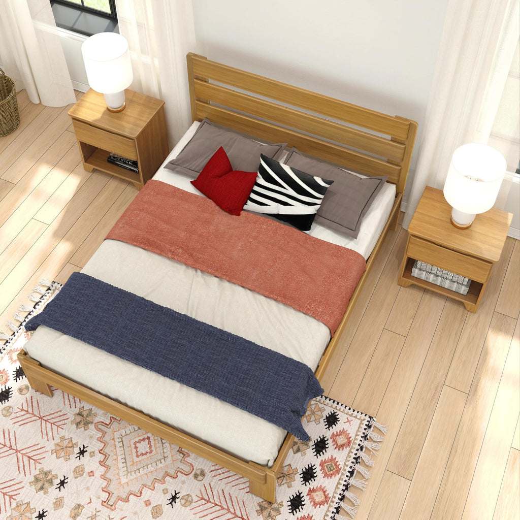 Modern Farmhouse Bed with Plank Headboard, Solid New Zealand Pine Wood Platform Bed, Pecan Finish