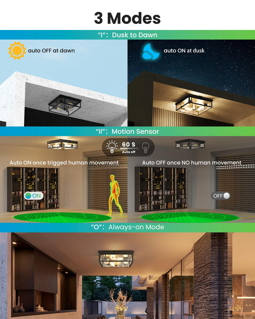 Caftersmark Outdoor Ceiling Light with Motion Sensor 14in, Flush Mount Porch Ceiling Light, lear Glass with Dusk to