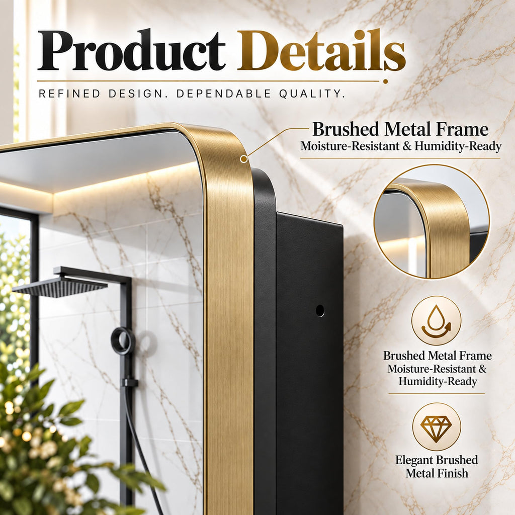 20x26 Inch Brushed Gold Medicine Cabinet with Mirror, Aluminum Recessed or Surface Mount, 4 Stepless Glass Shelves