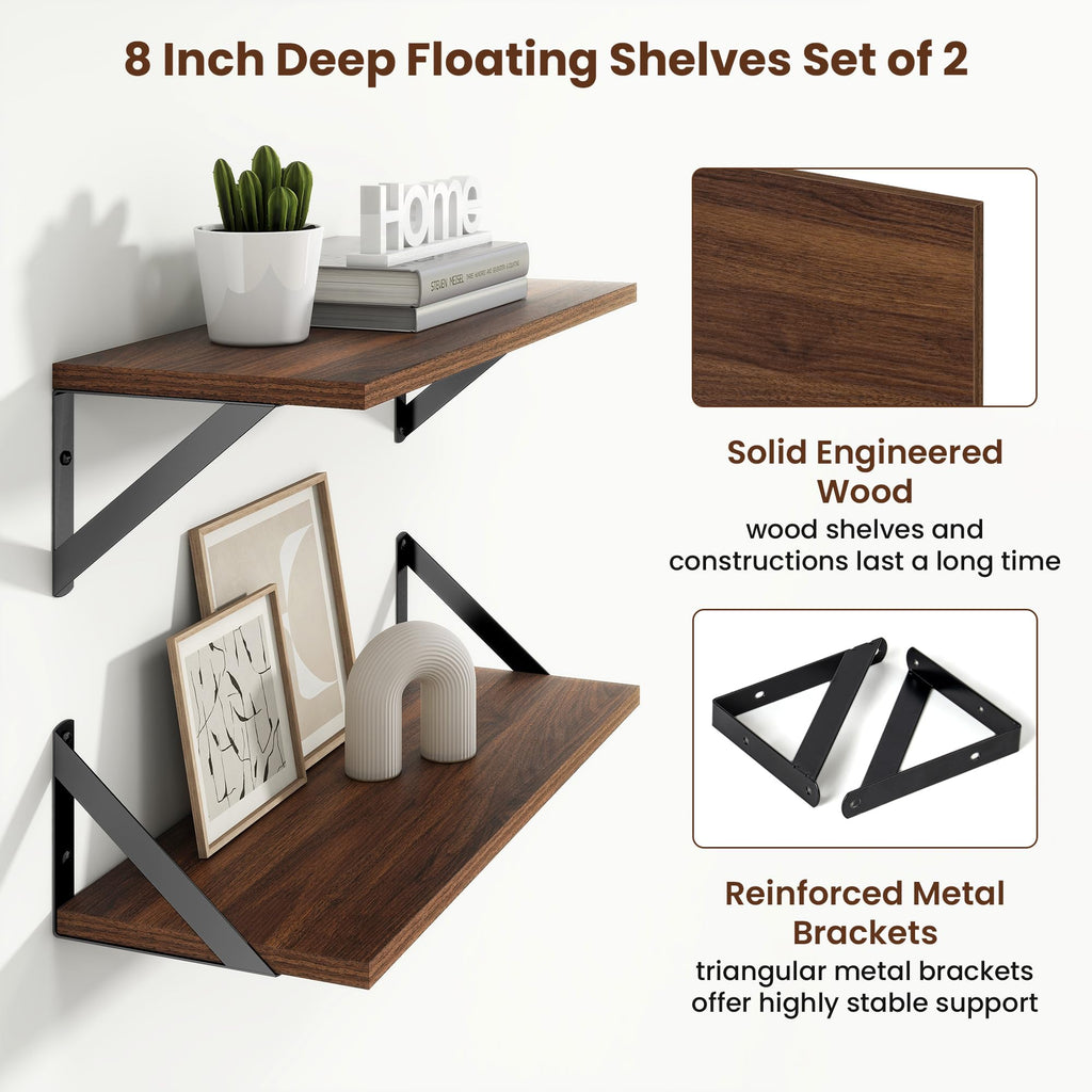 20 Inch Floating Shelves, 8 Inch Deep Walnut Wall Shelves Set of 2