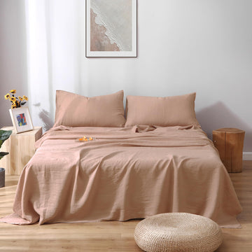 100% Linen Sheets Set, Washed French Flax Bed Sheets Set 4Pcs(1 Flat Sheet&1 Fitted Sheet&2 Pillowcases