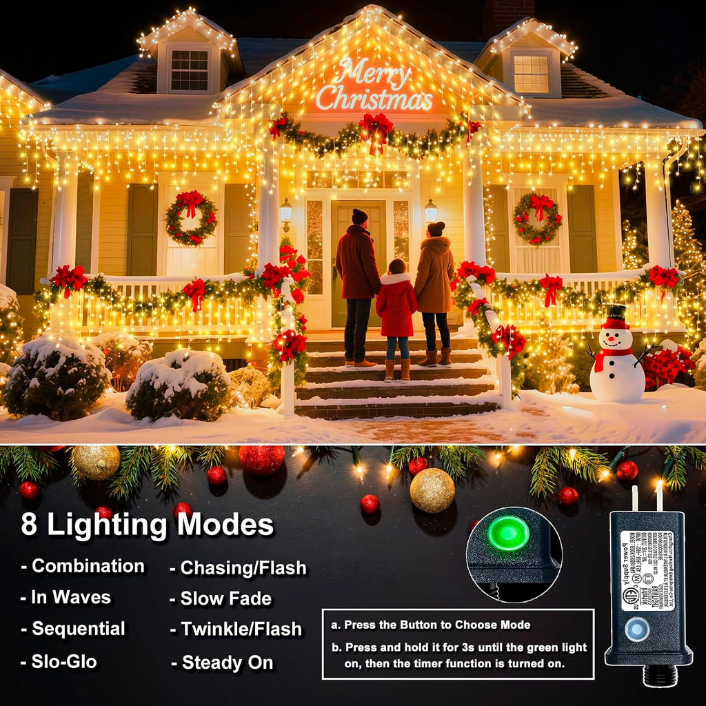 33FT 400 LED Icicle Lights for Outside, Warm White Christmas Lights Outdoor