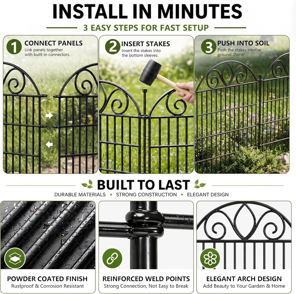 10 Panels No Dig Tall Garden Fence with Gate - 44" H X 23.6' L Rustproof Metal Dog Fence Outdoor for Yard, Decorative