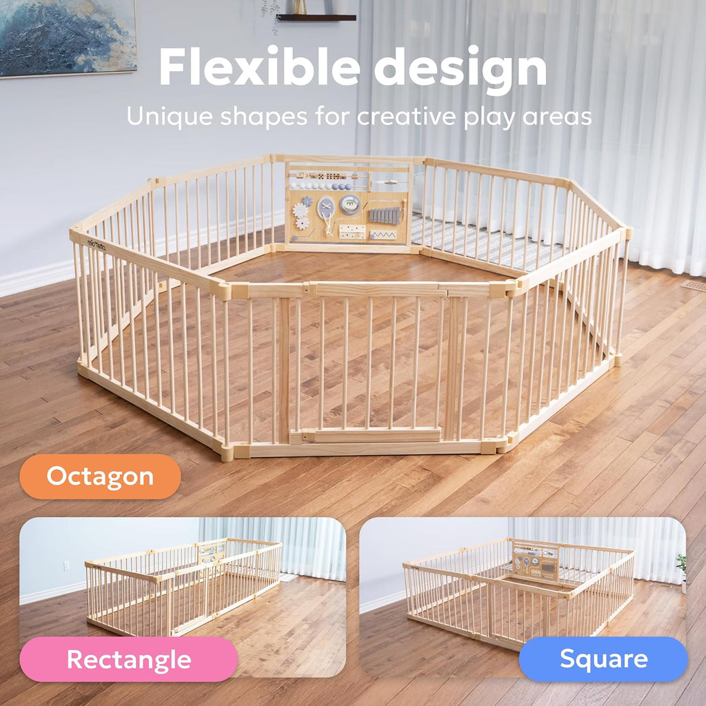 Baby Playpen, Wooden Playpen for Babies and Toddlers, Foldable Fence with Montessori Activity Panel, Storage Basket &