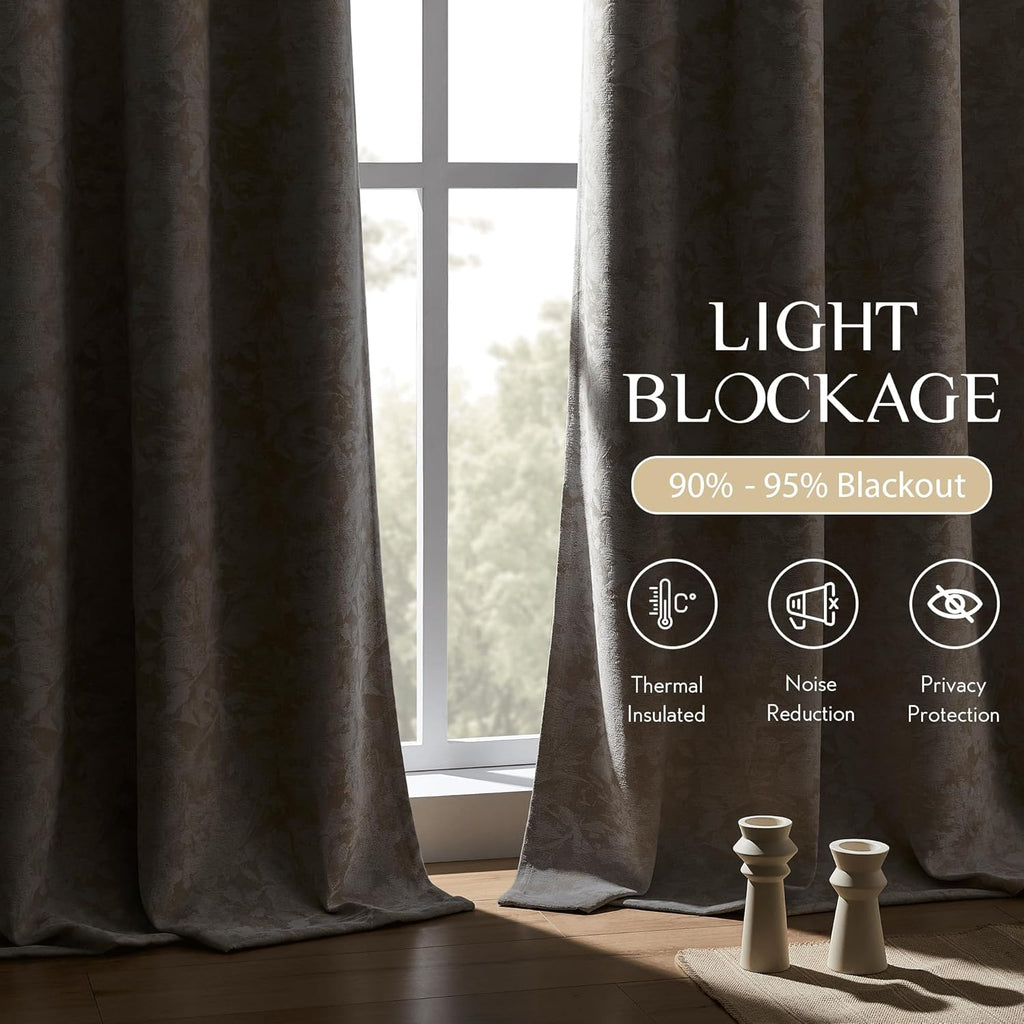 Beige Floral Jacquard Blackout Curtains 84 Inches Long 2 Panels for Bedroom Living Room Flower Chenille Room