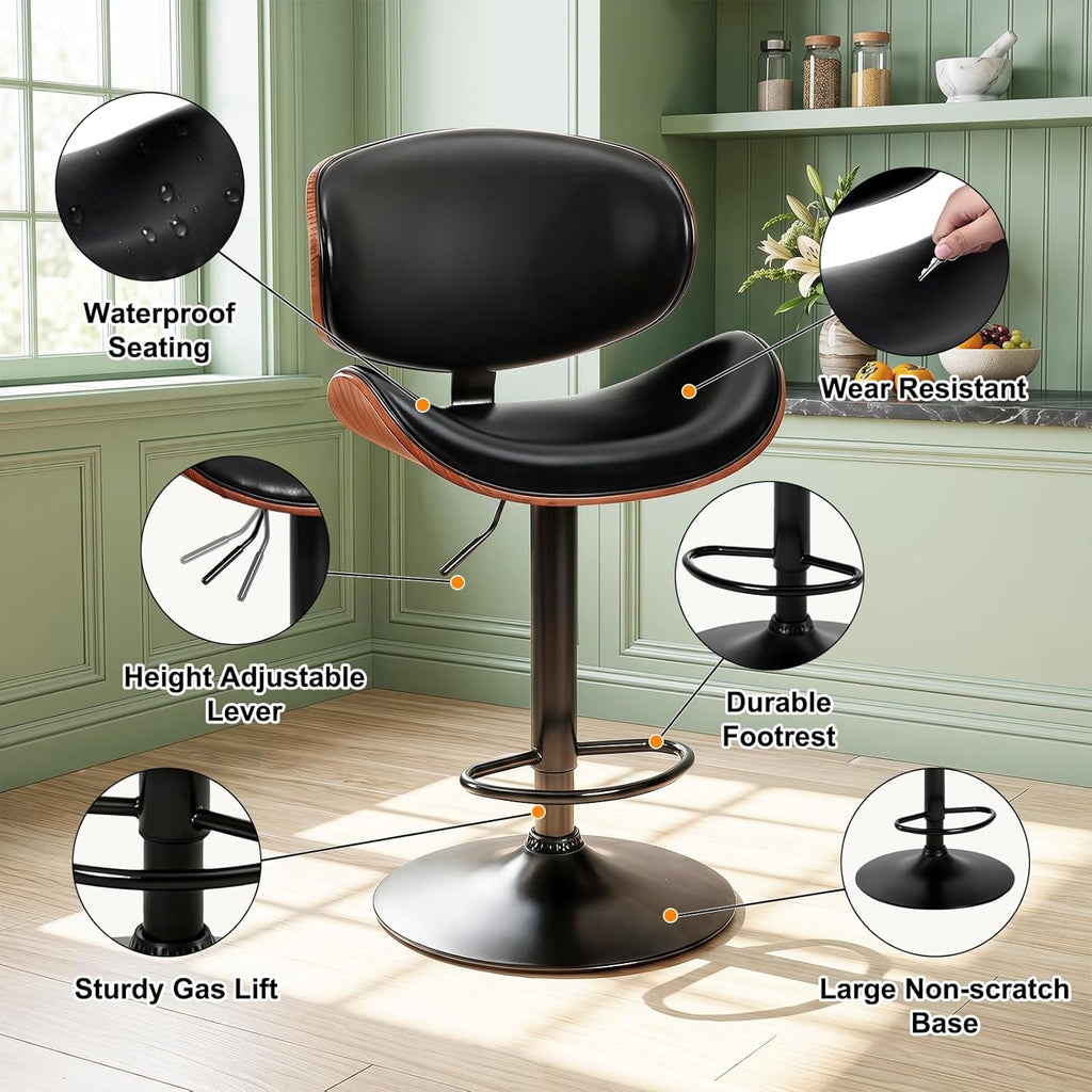 Swivel Bar Stools Set of 4, Adjustable Counter Height 24.6"-33.3" Bentwood BarStools, PU Leather Upholstery Bar Chair
