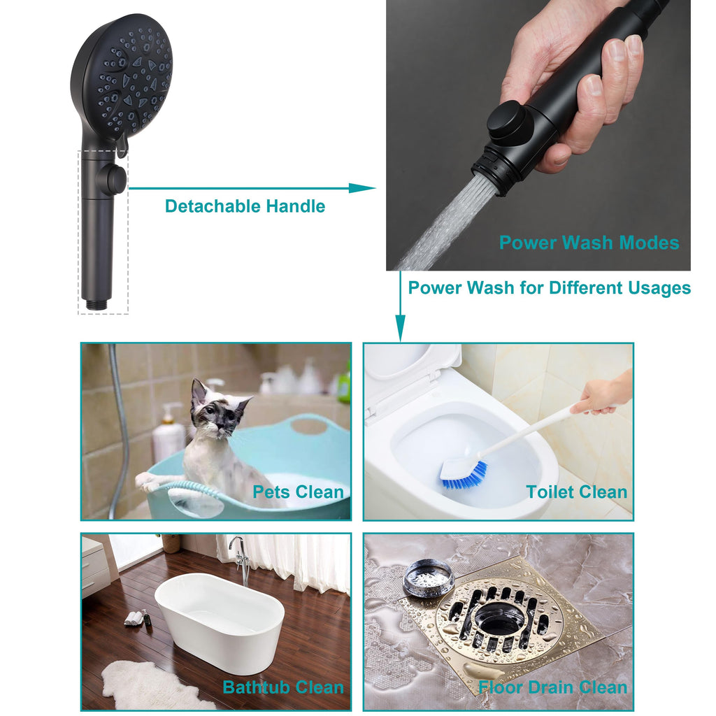 Handheld Shower Head with On Off Switch, 8-mode High Pressure Shower Wand with Long Hose and Bracket Extra Adhesive