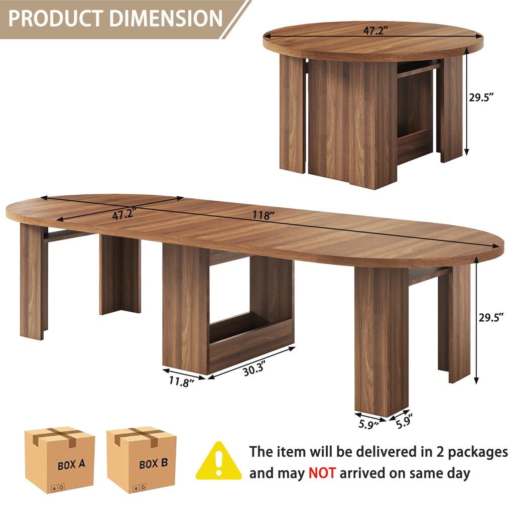 47.2"-118" Extendable Round to Oval Farmhouse Dining Table for 4-12, Walnut