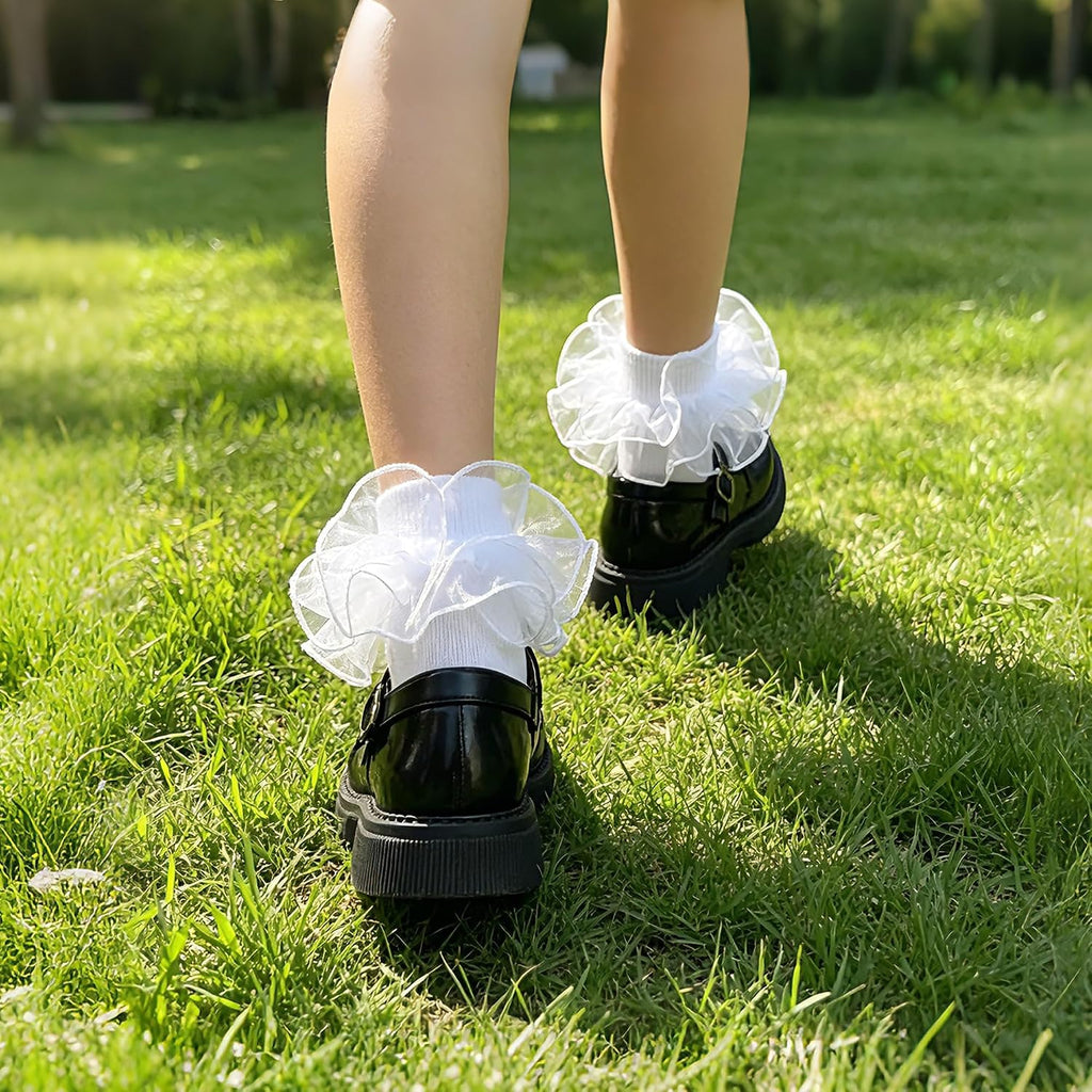 3 Pairs Big Double Lace Frilly Trim Dress Socks