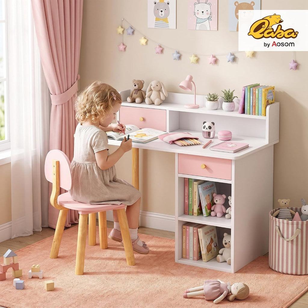 Kids Desk and Chair Set, Storage Hutch, Ages 3-8, Pink
