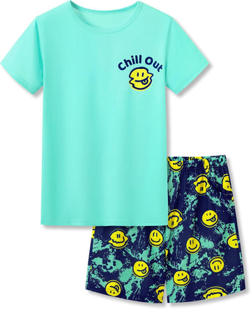 Boys Pajamas, Teal & Navy Face Short-Sleeve and Shorts