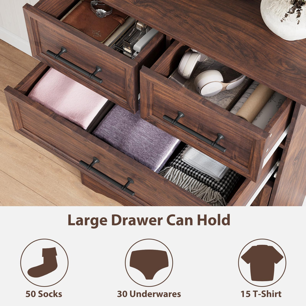 Walnut 6-Drawer Dresser, 44" Tall Chest of Drawers