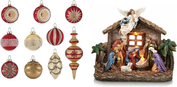 Glass Christmas Ornaments Set, 10ct Red and Gold Mercury Blown Glass Christmas Tree Ball,Christmas Nativity Figurines