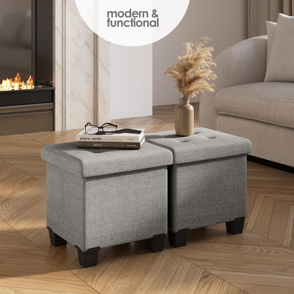 Storage Ottoman Cube with Small Bin, 15-in Square Ottoman with Storage, Small Ottomans Foot Rest, Fabric Foot Stools