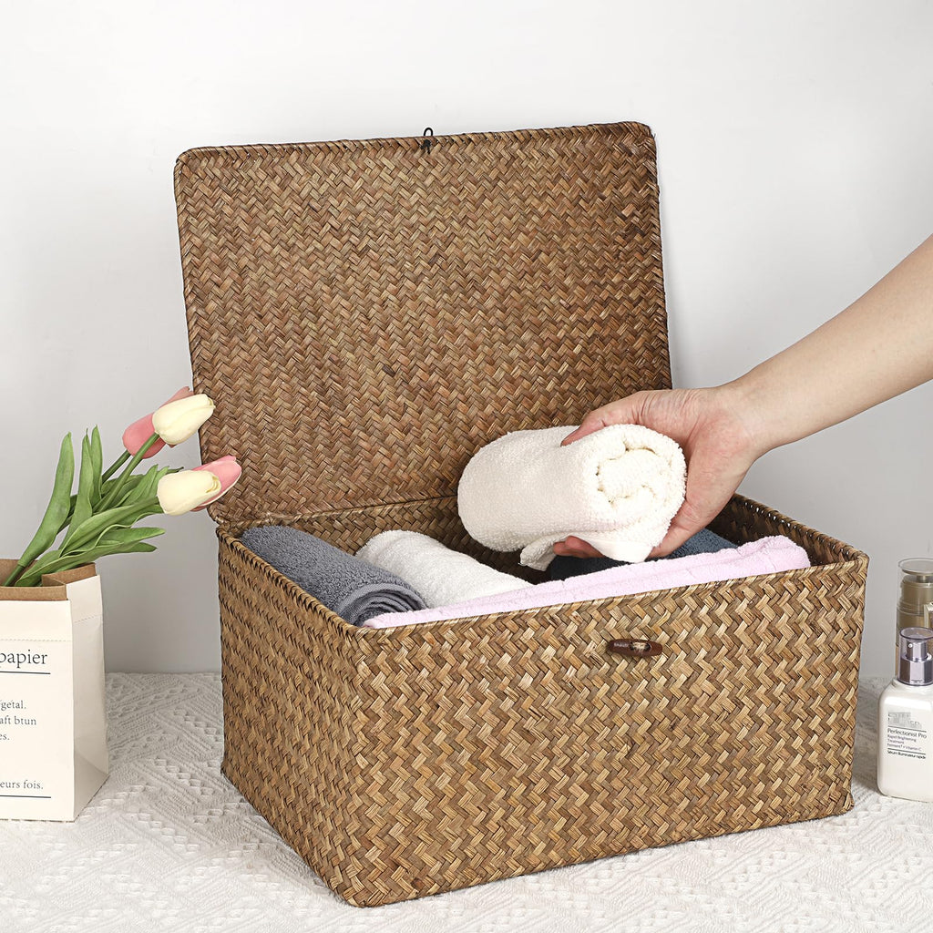 Wicker Shelf Baskets Bin with Lid Woven Storage Box, Coffee X-Large