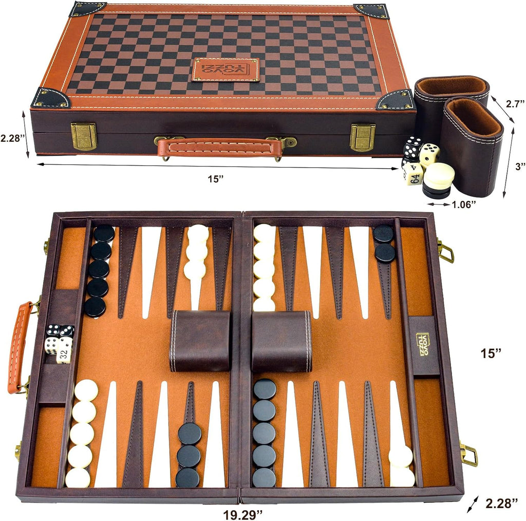 Backgammon Sets for Adults, 15 Inch PU Leather Backgammon Set, Portable Travel Backgammon Board Game, Classic - Set of 15