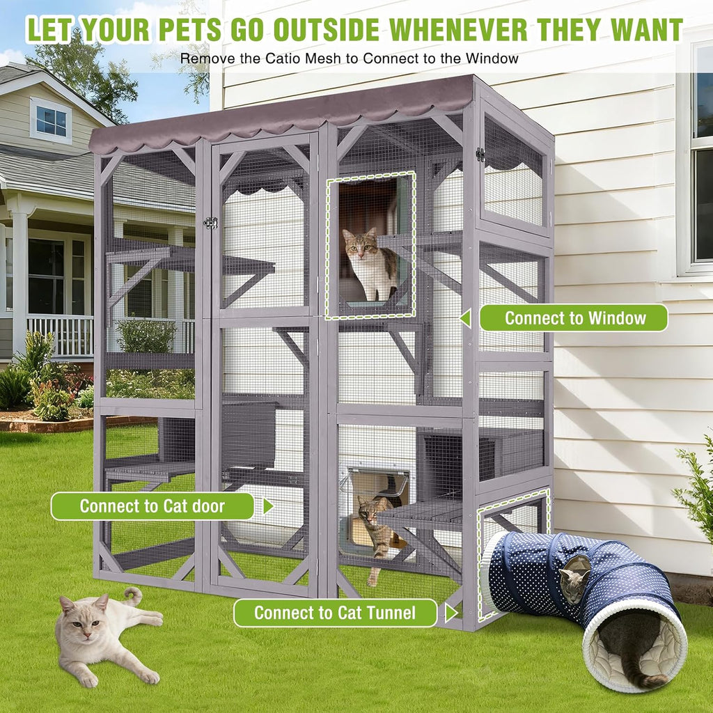 Catio Outdoor Cat Enclosure 70" Large Wooden Cat House Walk-in Cat Cage Kitty Shlter Playpen with 7 Platforms, 2