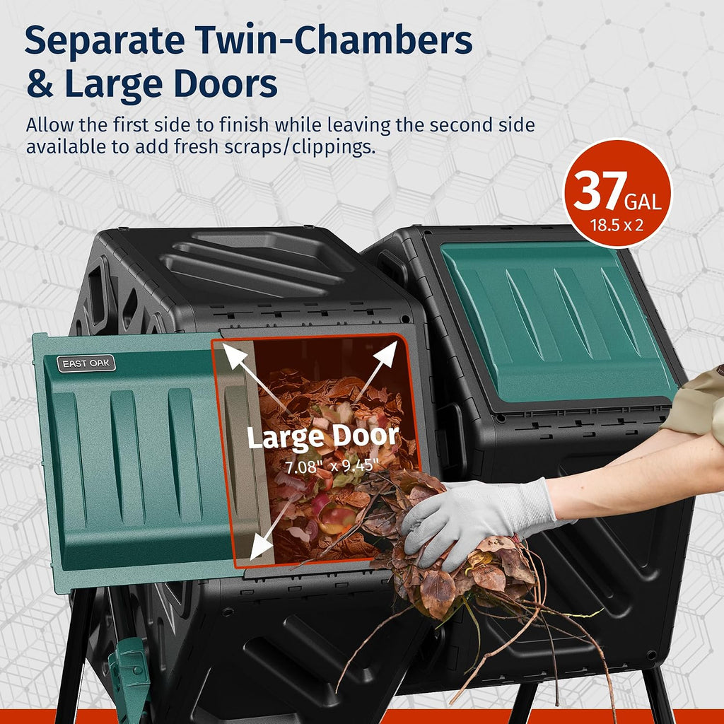 Dual Chamber Outdoor Compost Tumbler, 2×18.5 Gallon Compost Bin, Rotating Composter with Aeration & Locking System