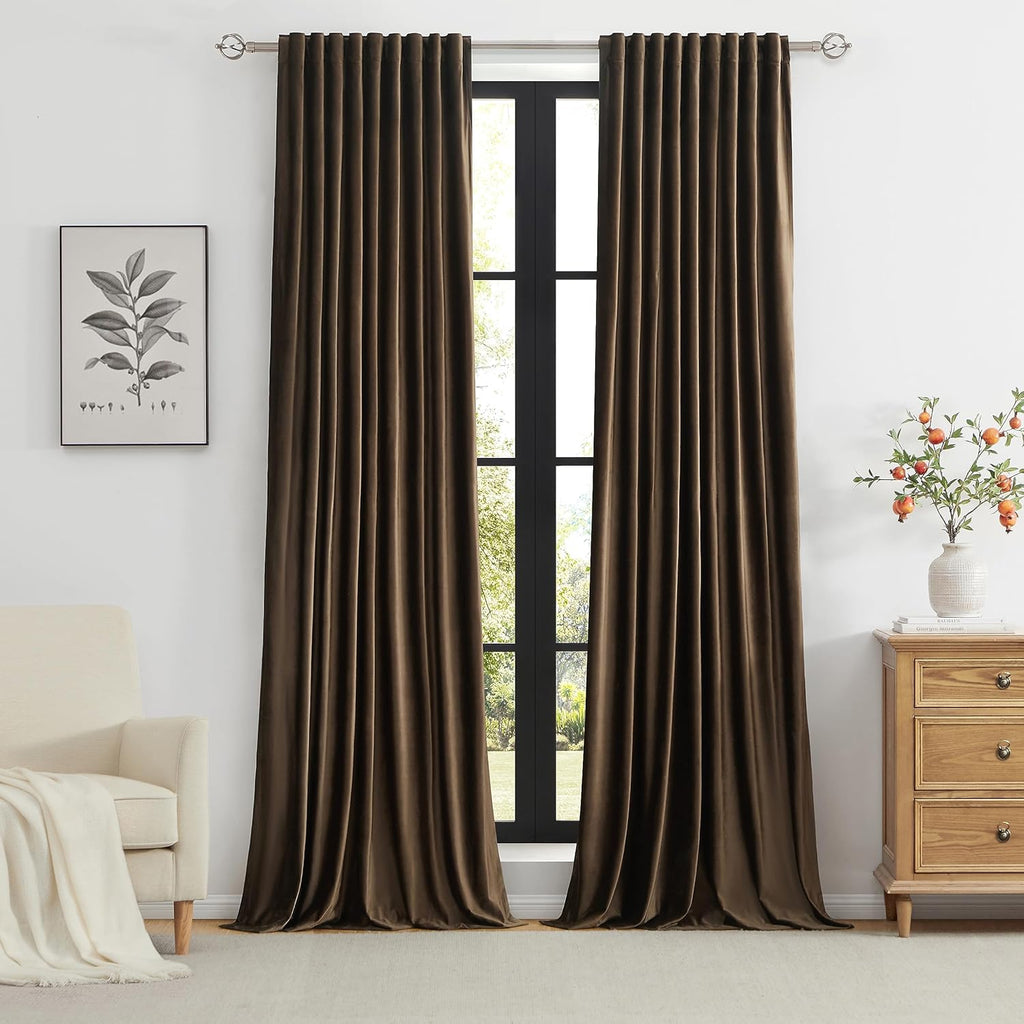 Brown Velvet Curtains 96 inch Long,Set of 2 Panels Blackout Rod Pocket Back Tab Window Treatment Room Darkening Heavy