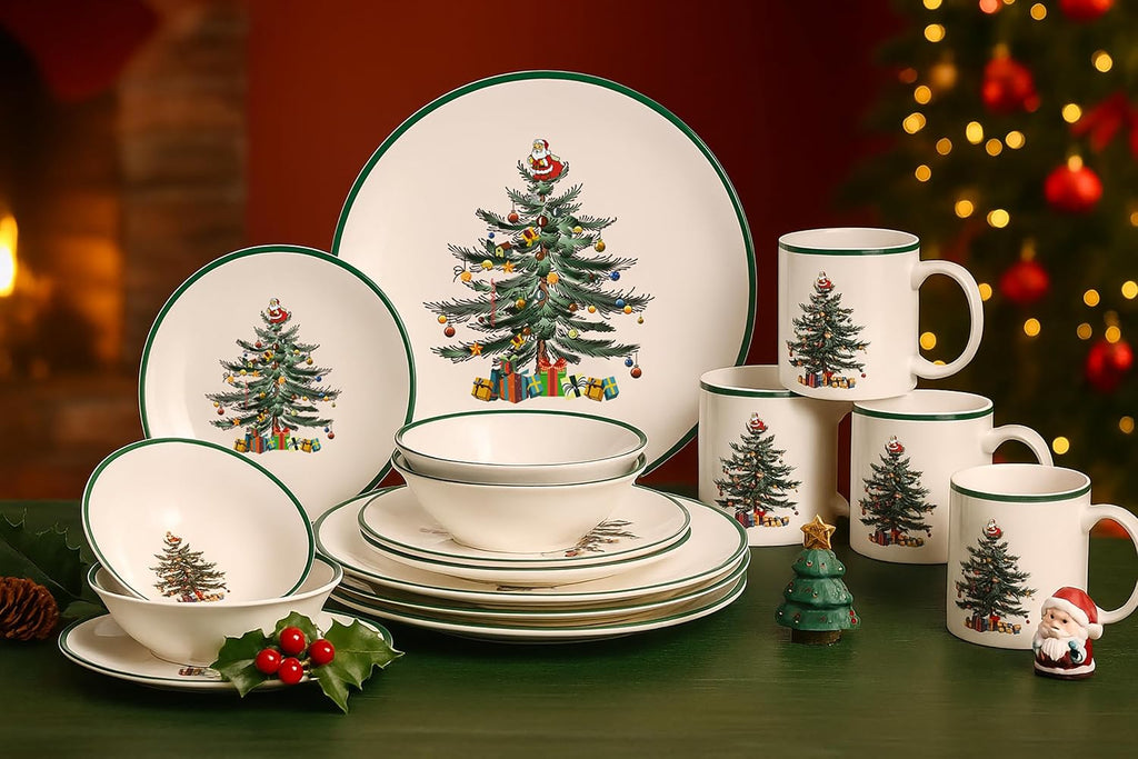 16 Piece Christmas Dinnerware Sets with Green Edge, Christmas Tree Porcelain Dinnerware Set for Xmas (4 * 10.5 Inch