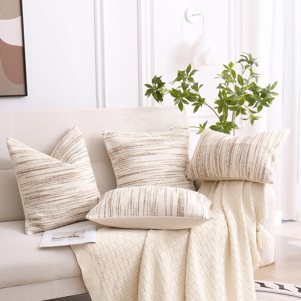 Textured Boucle Pillow Covers 20x20 Brown and Cream Neutral Striped Throw Pillow Covers Modern Farmhouse Decorative