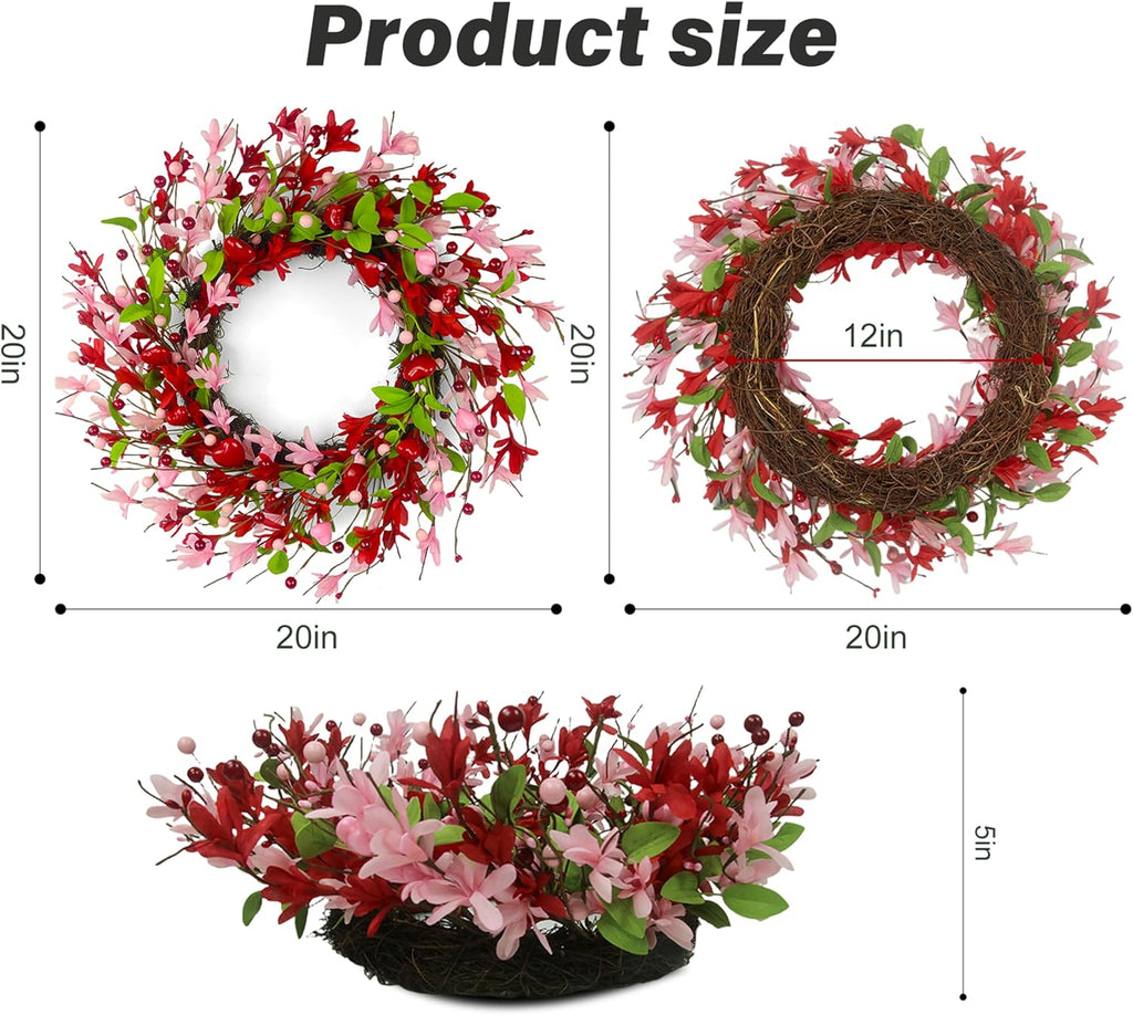 20 Inch Valentine's Day Wreath, Valentines Day Wreaths for Front Door with Pink Forsythia Flowers, Heart Shaped