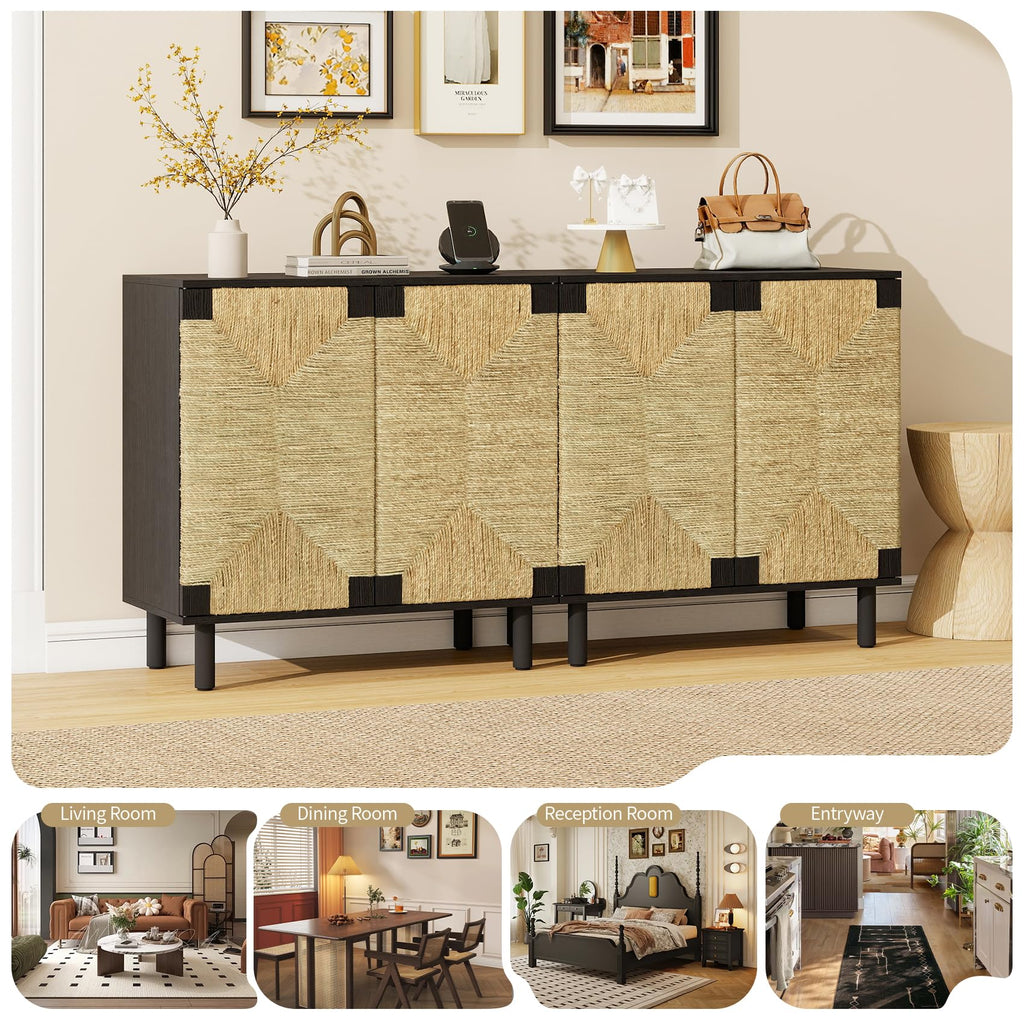 Sideboard Buffet Cabinet with Storage, Boho Accent Cabinet with Seagrass Doors & Adjustable Shelf, Mid-Century Modern