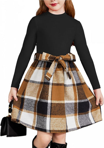 Girls Long Sleeve Rib Knit Plaid Patchwork Dress with Pockets