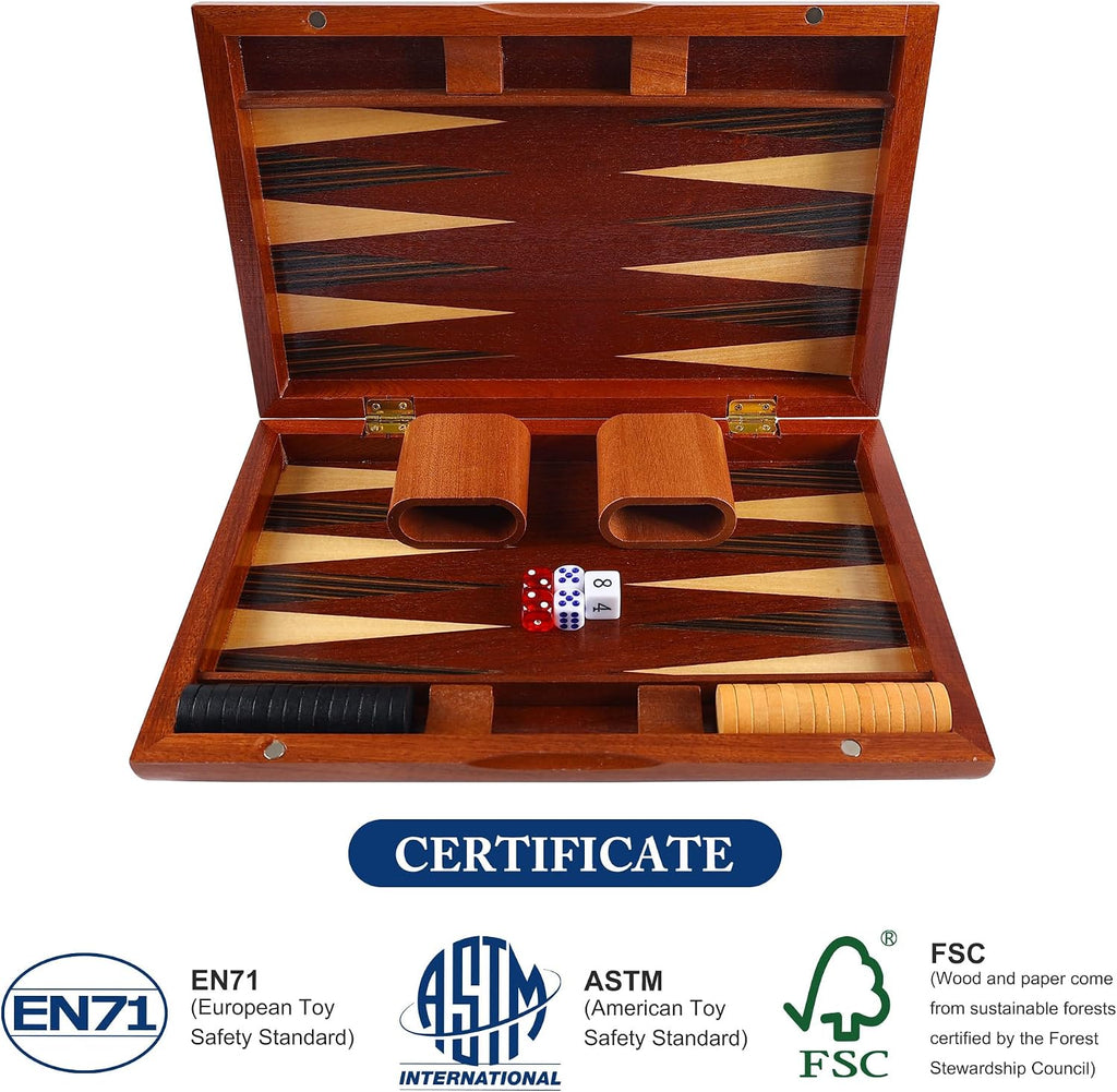 Wooden Backgammon Set for Kids, 13 Inches Backgammon Board Game Set with 32 Backgammon Pieces, 5 Dice & 2 Cups