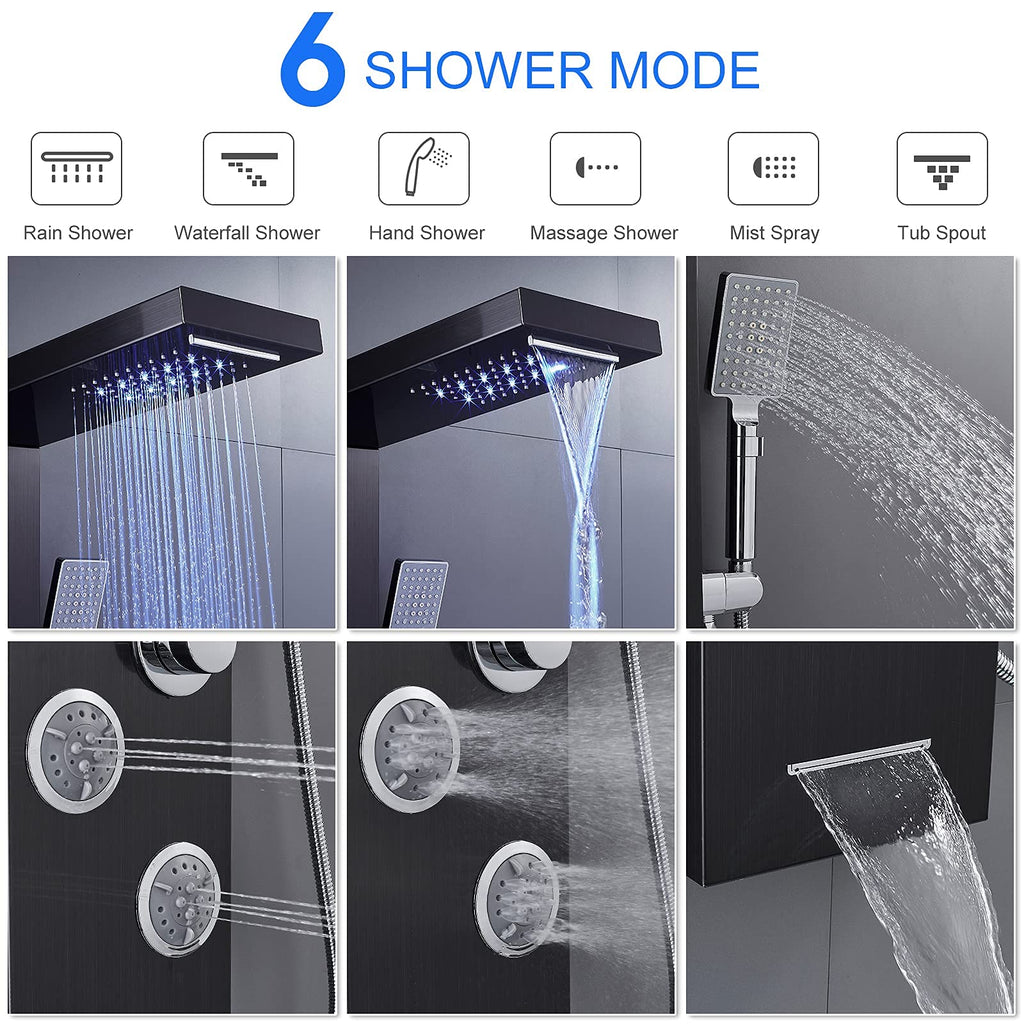 5-in-1 LED Shower Panel Tower System Stainless Steel Black