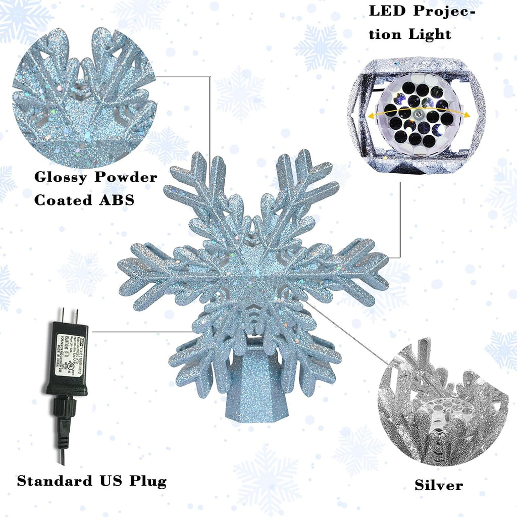 Tree Topper Lighted with Silver Snowflake Projector, Christmas Tree Topper Lighted, Led Rotating Magic Snowflake, 3D
