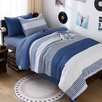 Twin Comforter Navy Blue Striped Comforters for Boys&Girls,5 Pieces Bed in A Bag Simple Neutral-Style Bedding Sets