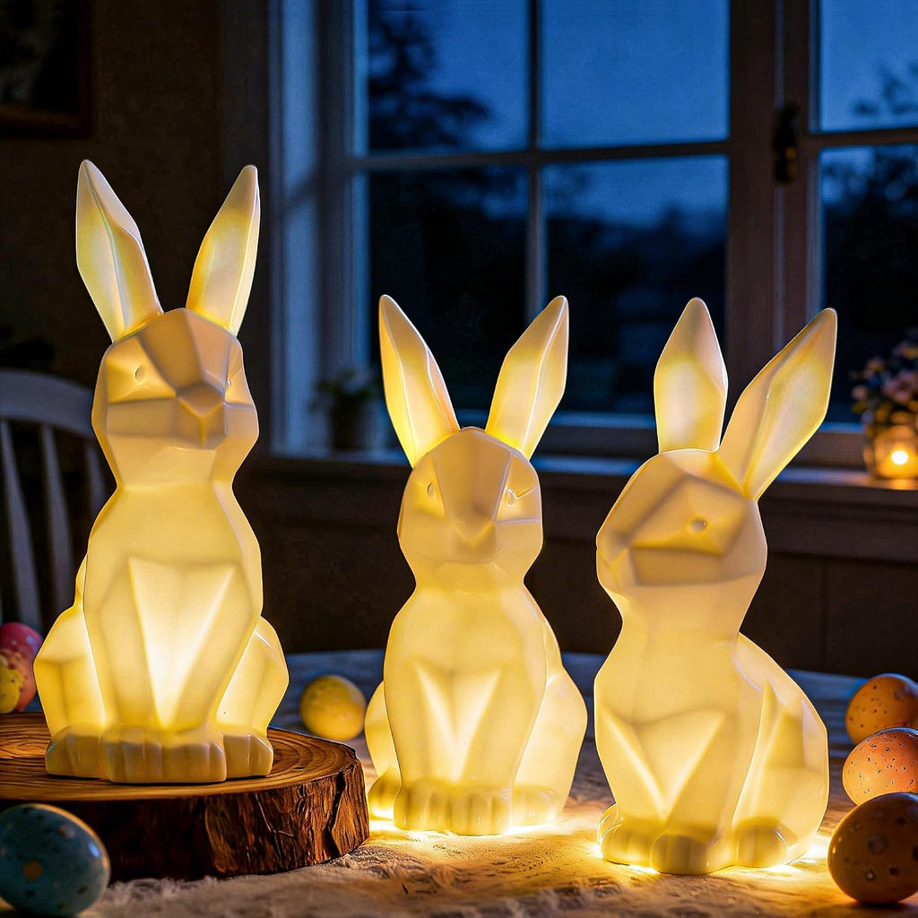Easter Bunny Decorations, Ceramic White Rabbit Statues Ornaments, Lighted Bunny Table Centerpiece for Easter - Set of 3