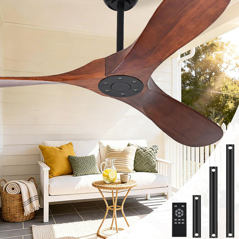 Set of 4 - Solid Wood Ceiling Fan Without Light, 52 inch Walnut Ceiling Fan with 3 Wood Blades 6 Speeds Smart Timing Reversible DC Motor, Modern Ceiling Fans for Indoor Outdoor Farmhouse/Patios - Dark Walnut