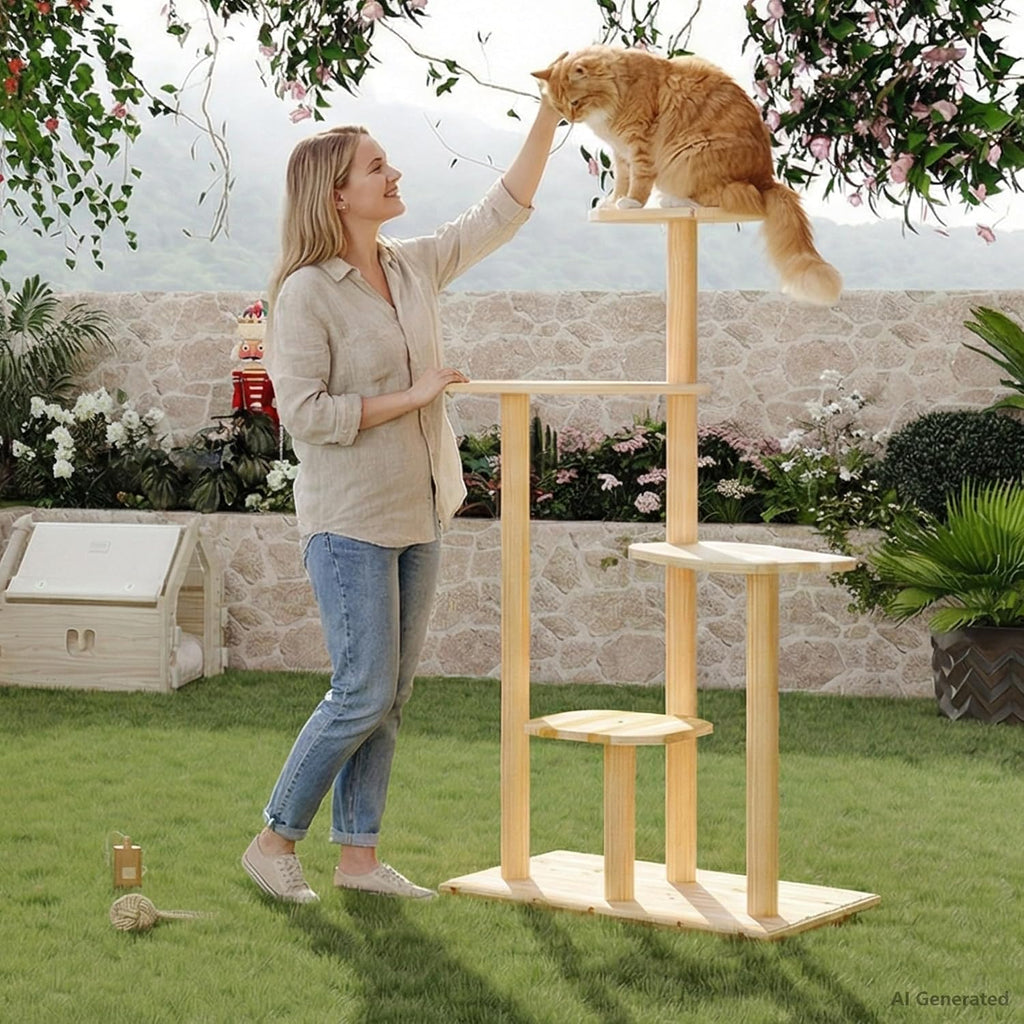 60" Tall Weatherproof Outdoor Cat Tree Tower, Solid Natural Wood