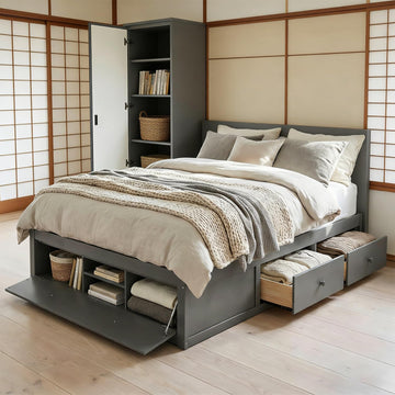 Farmhouse Wood Bed Frame, Japanese Low Platform Wooden Beds Frames with 4 Drawers & Concealed Hydraulic