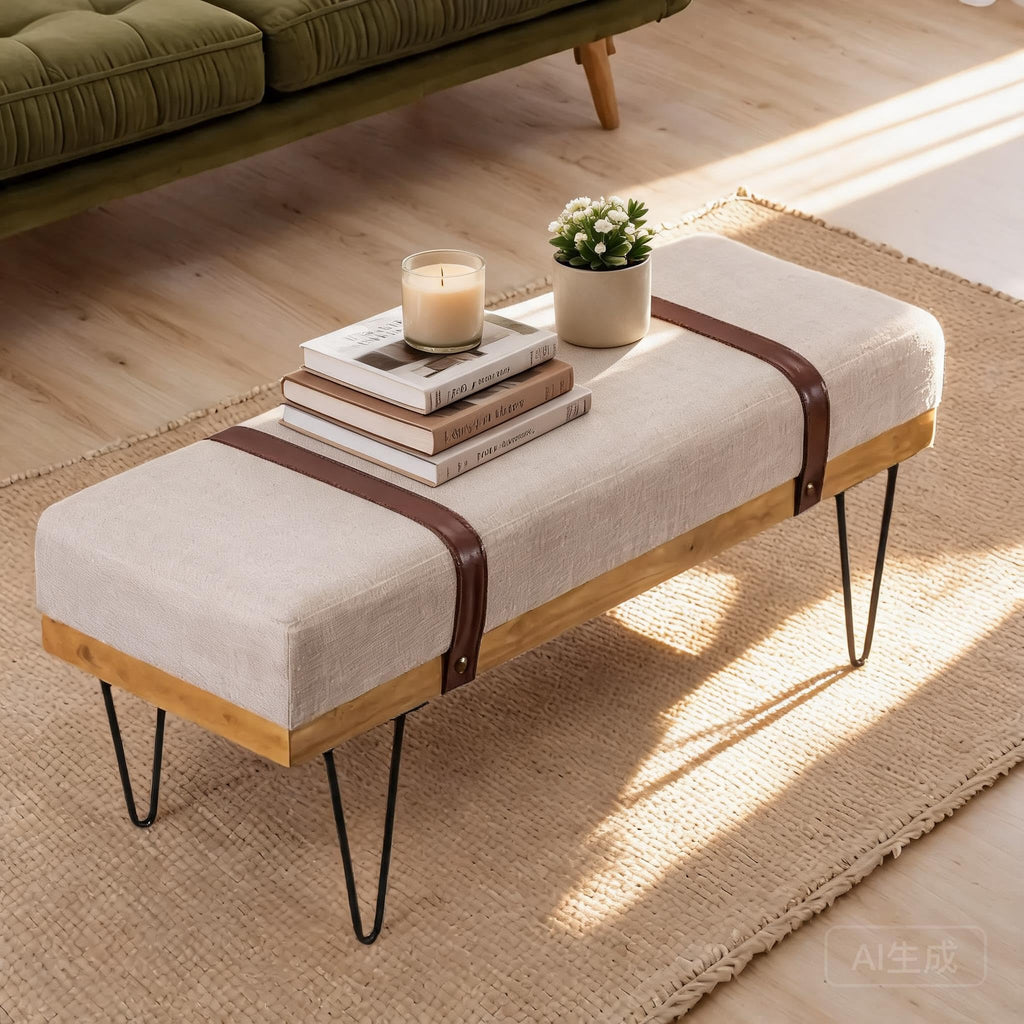 Industrial Modern Linen Rectangle Ottoman Bench, Beige